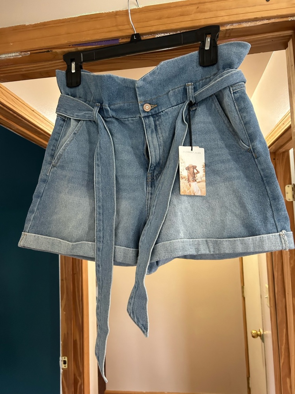High-Waist Light Blue Denim Paperbag Shorts with Tie Belt